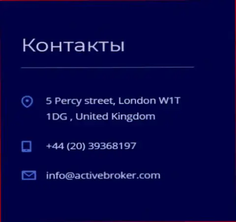 Адрес центрального офиса Forex дилинговой компании Active Broker, размещенный на официальном сайте этого форекс брокера