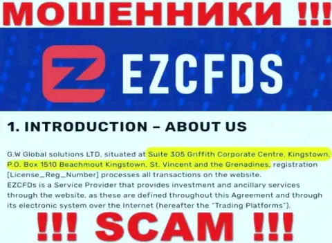На сайте EZCFDS Com расположен оффшорный адрес конторы - Сьют 305 Гриффит Корпорейт Центр, Кингстаун, П.О. Бокс 1510 Бичмонт Кингстаун, Сент-Винсент и Гренадины, будьте бдительны - это мошенники