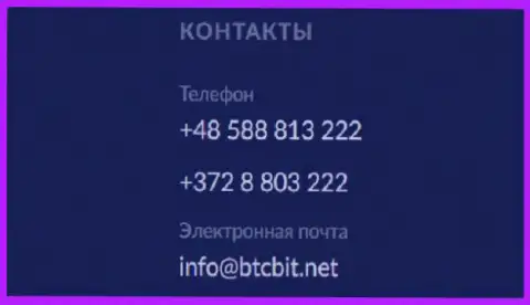 Телефоны и электронный адрес интернет организации BTC Bit