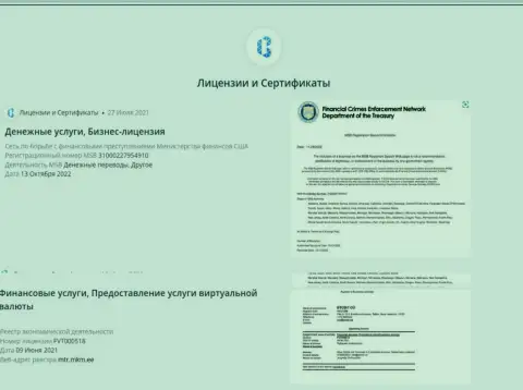 Лицензии и сертификаты, которые есть у online-обменника BTCBIT OÜ
