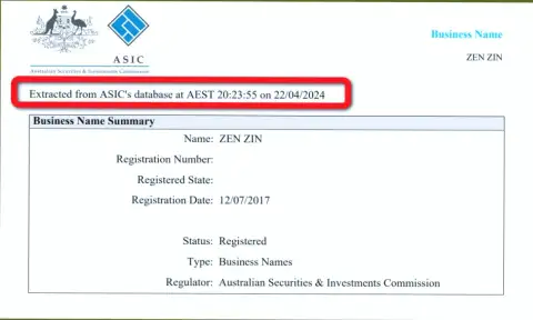 Документ, подтверждающий наличие регистрации у компании Зиннейра Ком